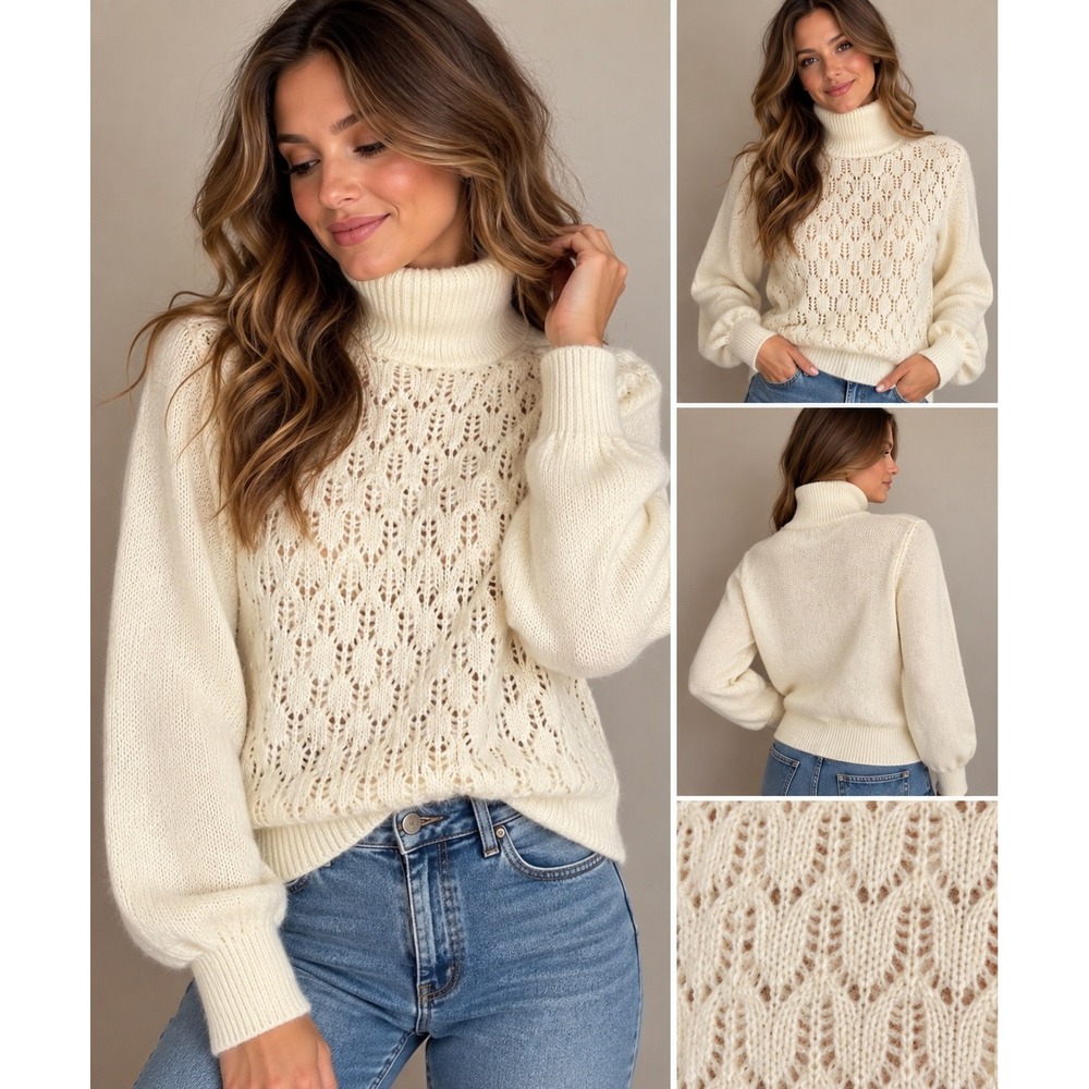 Knitivo Turtleneck Sweater Cream Pointelle Open Knit Vintage Style Large